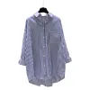 Blue and white vertical striped women's long-sleeved shirt, Xiangyunsha formal dress, sun protection, short summer style Item Picture